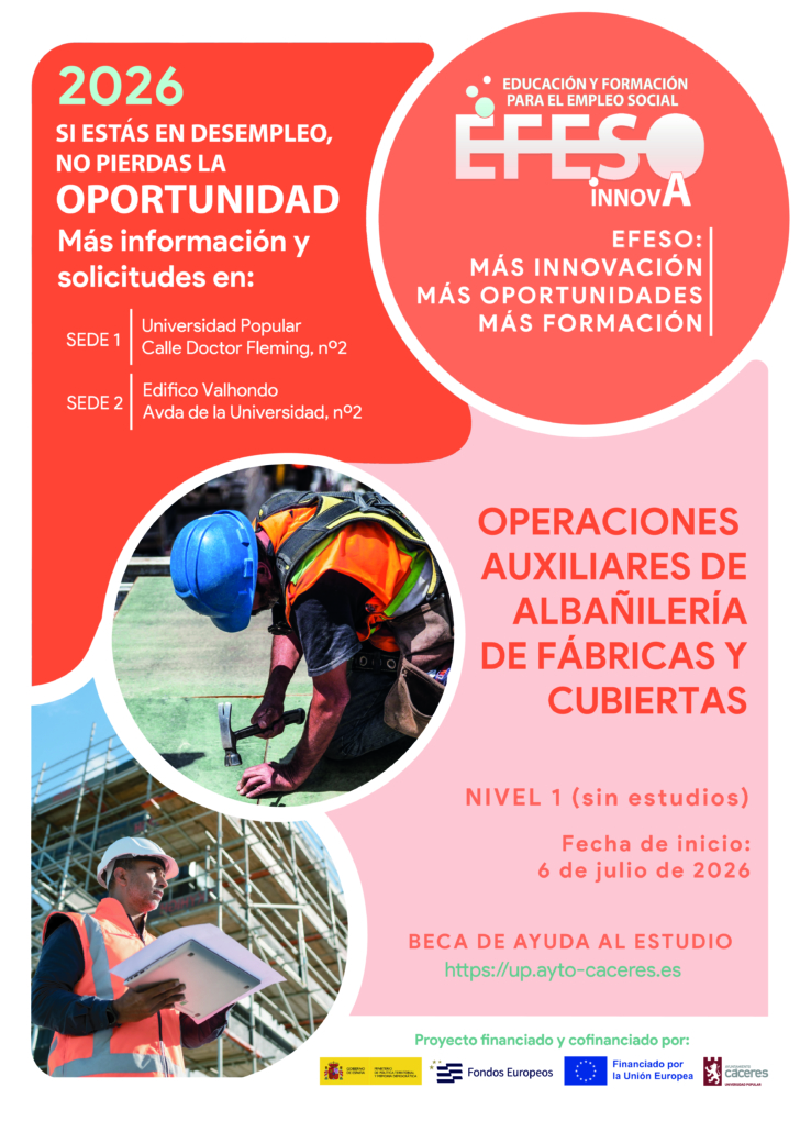 Cartel de la acción formativa Operaciones Auxiliares de Albañilería de Fábricas y Cubiertas