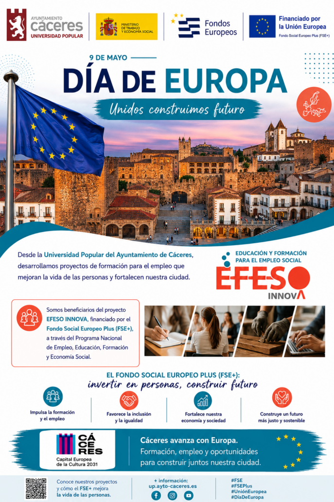 Cartel del Día de Europa 2026 de EFESO INNOVA y la Universidad Popular de Cáceres