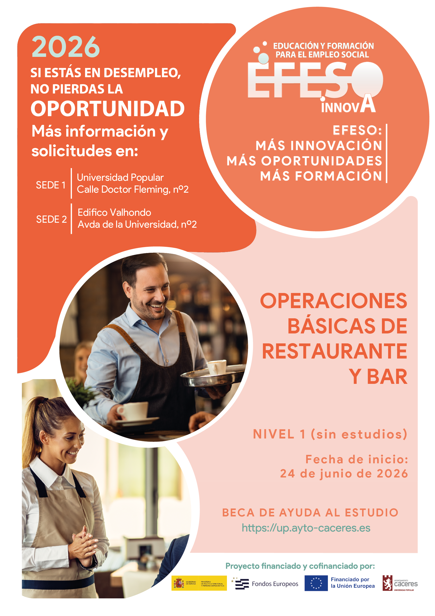 Cartel de la acción formativa Operaciones Básicas de Restaurante y Bar de EFESO INNOVA